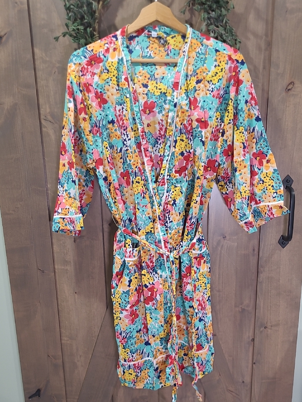 The Company Store Floral Lightweight Cotton Robe in Teal, Yellow & Pink XL/ XXL